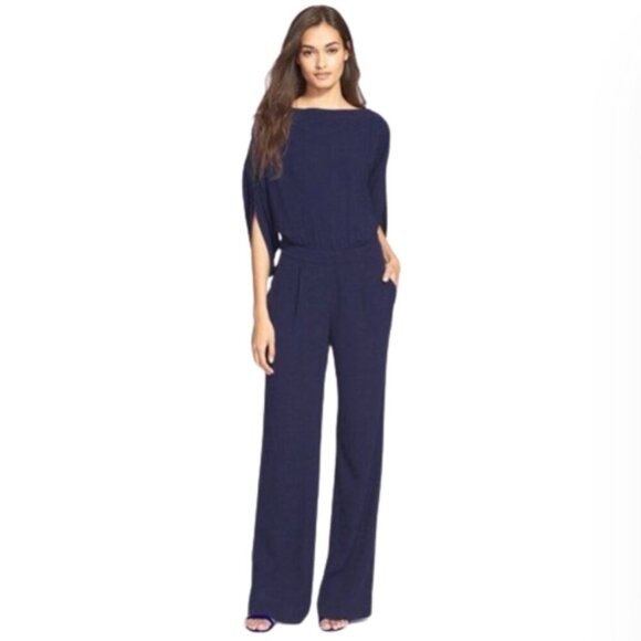 Diane von Furstenburg Dezi Jumpsuit Womens 6 Navy Blue Wide Leg3/4 Sleeve DVF
